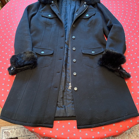 Anne Fountaine Black with real Rabbit Fur detachable cuffs/collar coat Size 12 - Picture 3 of 10